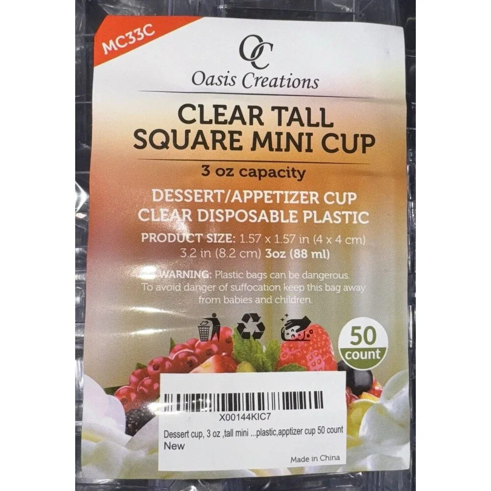 Oasis Creations 50 PC Clear Tall Square Mini Dessert Appetizer 3 Oz Cup W/Spoons